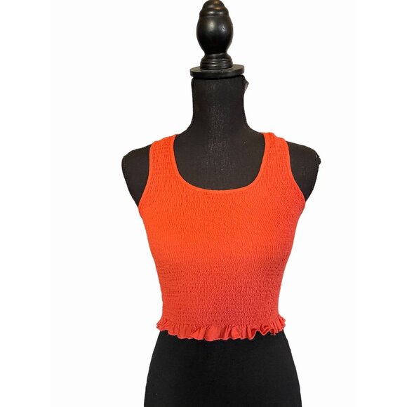 coral blouse sleeveless ruffle trim ruched pintuck coral racerback top Small - Picture 2 of 6